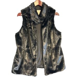 Chicos Faux Fur Vest Womens 1 Medium Black Charcoal Grey Plush Open Front Collar